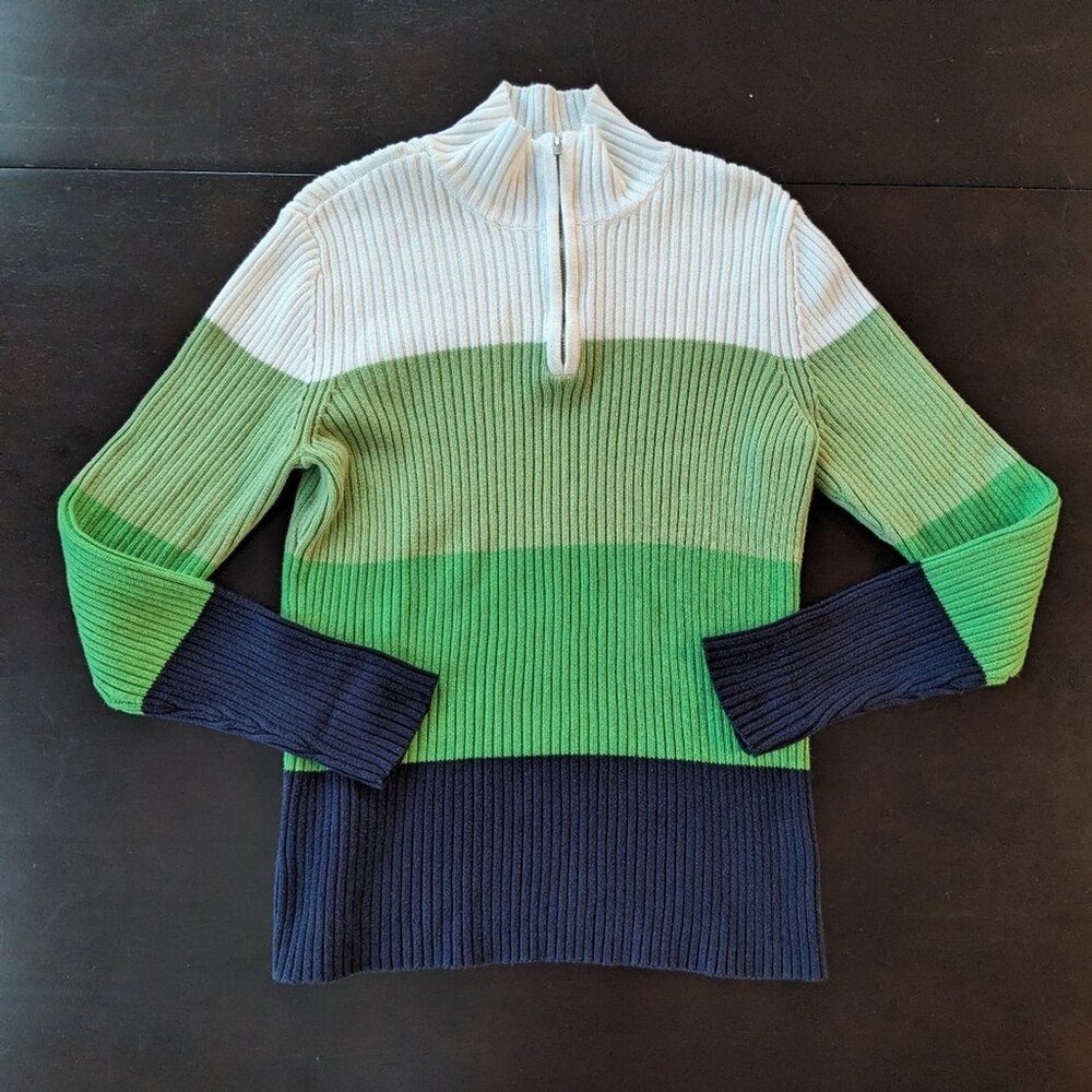 Liz Claiborne Petite Quarter Zip Sweater Green White Navy Colorblock Cotton PL